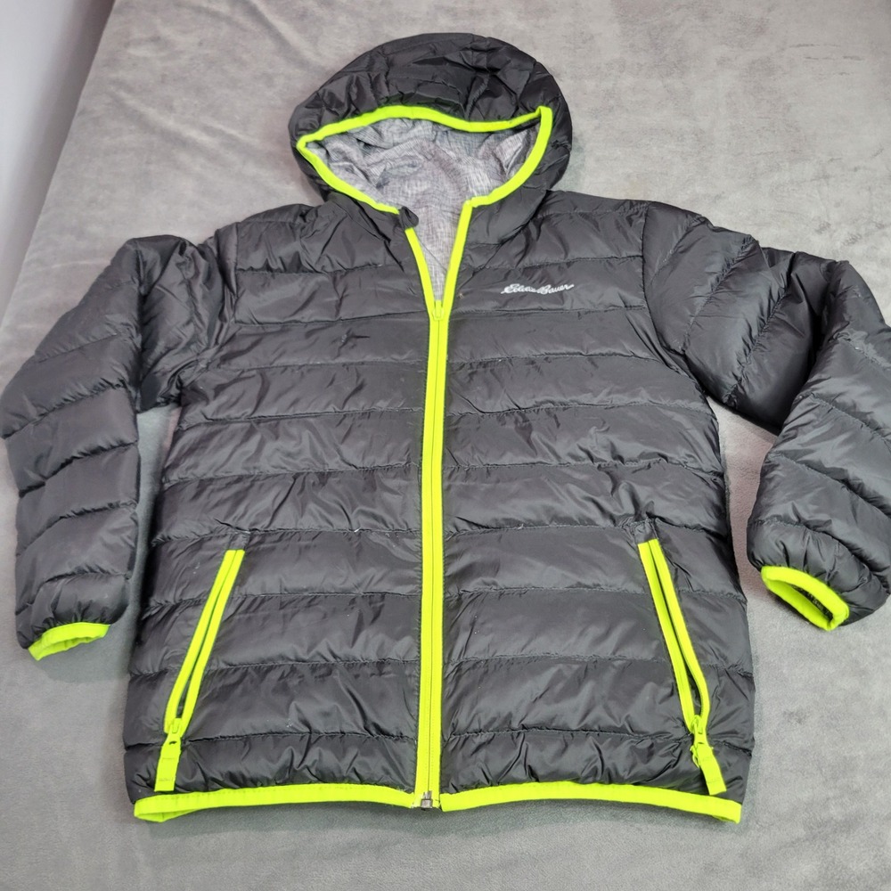 Eddie Bauer Kids Reversible Down Puffer Jacket Black Grey Neon Lime‎ Green S 7/8